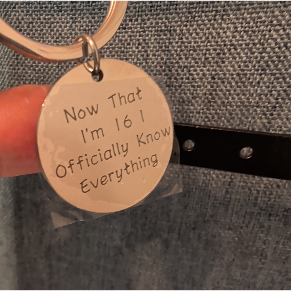 Sweet 16 Funny Keychain Silver Tone Birthday Gift ..I Officially Know Everything - Picture 3 of 16